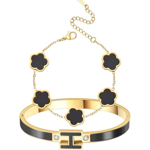 Women’s Gold-Black Stainless Steel H Bangle & Lucky Five-Leaf Clover Bracelets S - Picture 1 of 7